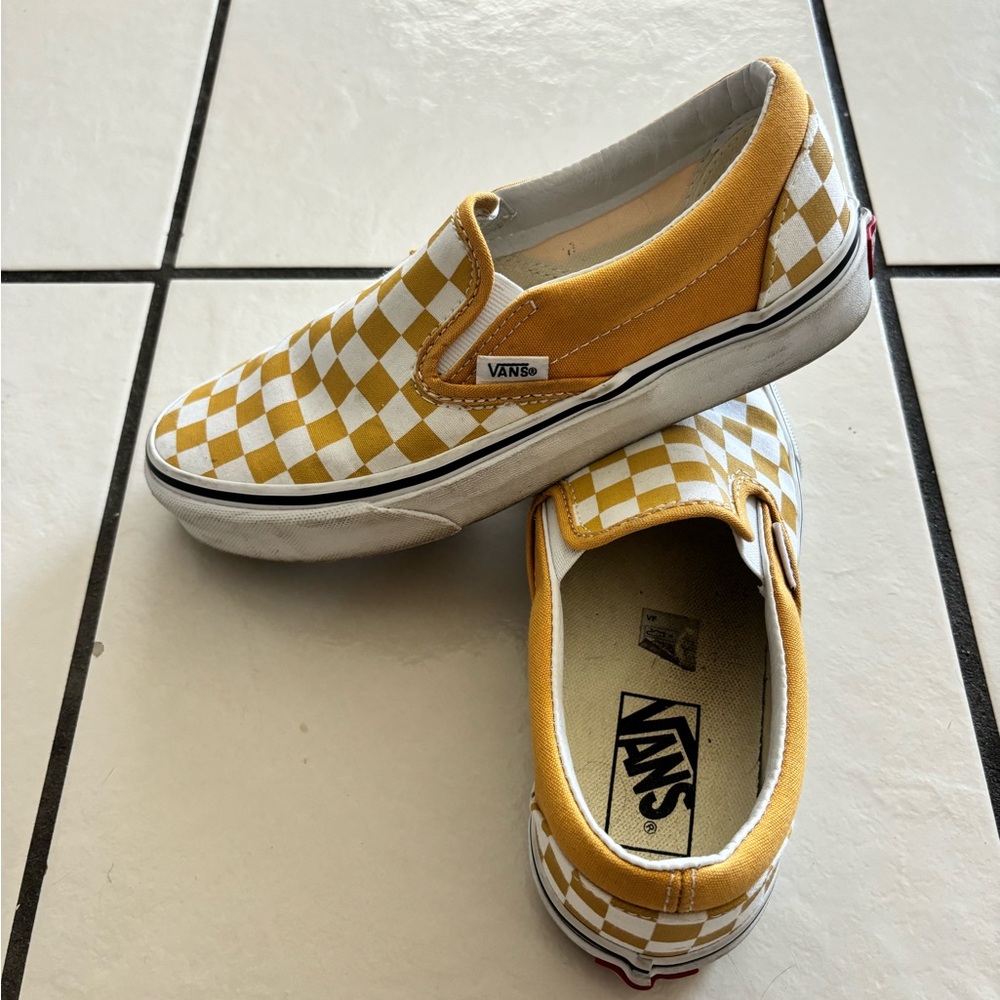 Vans Yellow and White Checkered Slip-On Sneakers